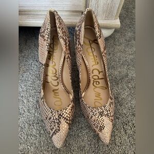 Sam Edelman Taupe Brown Snake-Print Pointed Toe Heels